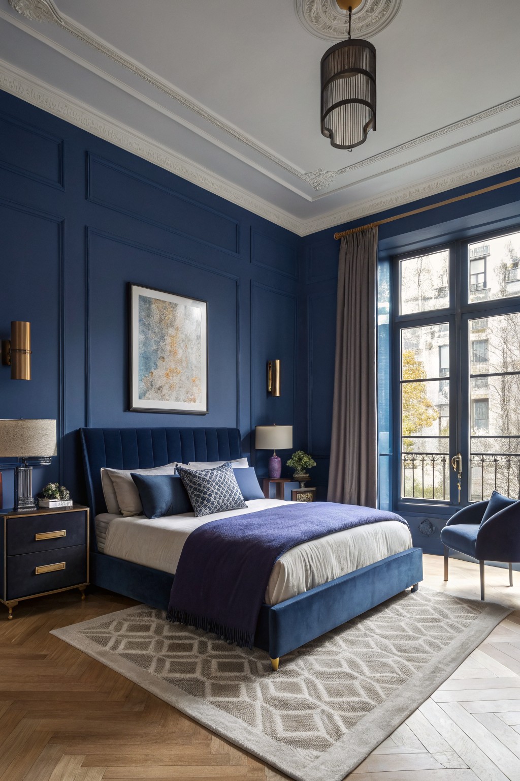 Deep navy blue walls in a bedroom with panel molding and wood flooring.