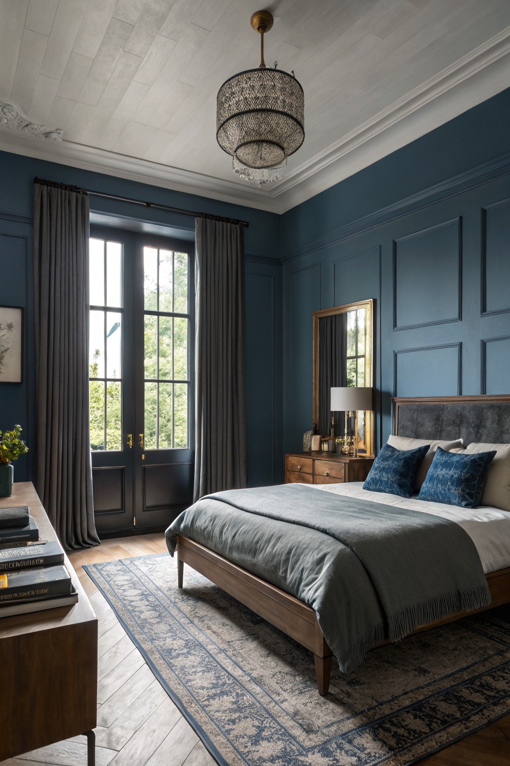 A bedroom with deep navy walls and wood furniture.