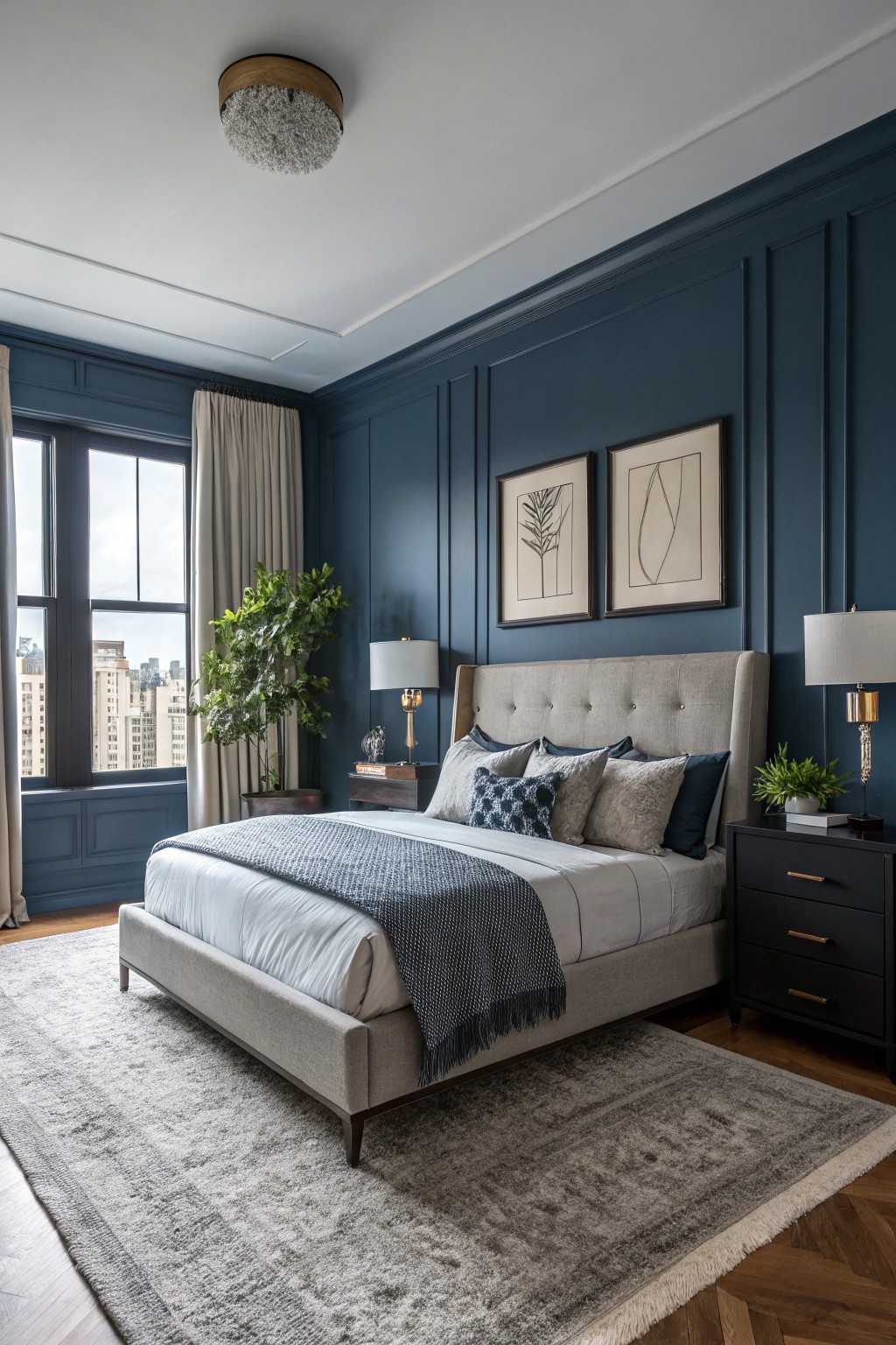 A bedroom featuring deep navy blue walls with a large upholstered bed.