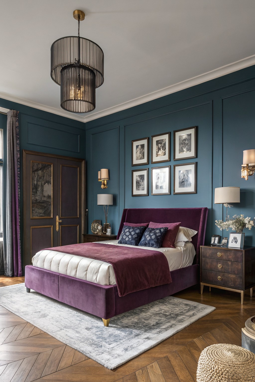 A bedroom featuring deep teal walls with purple velvet furniture.