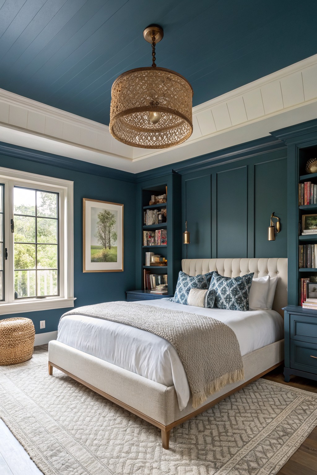 Deep teal walls in a bedroom with white trim and built-in shelving.
