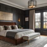 A bedroom featuring dark charcoal walls with wood trim and furniture.