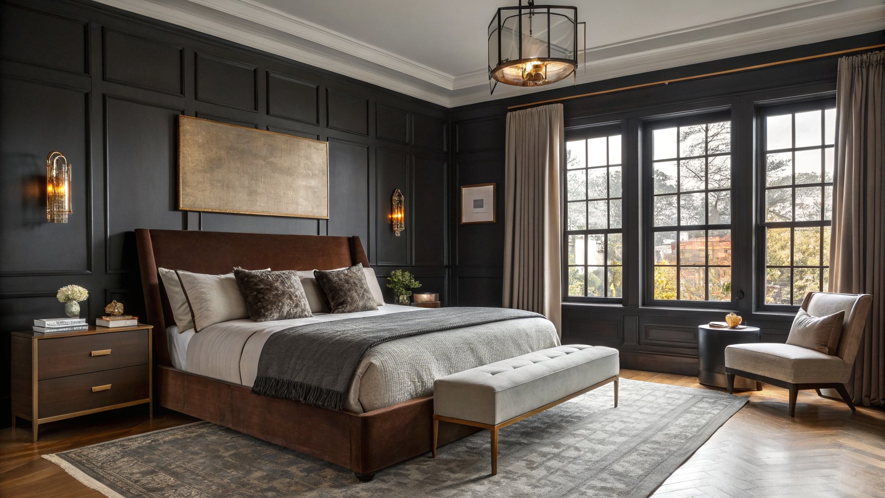 A bedroom featuring dark charcoal walls with wood trim and furniture.
