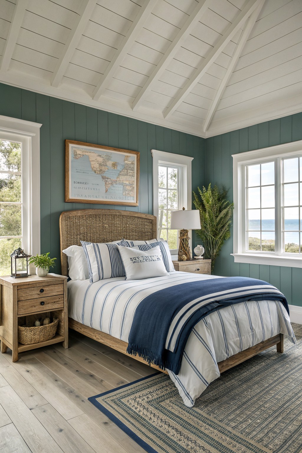 Bedroom with muted teal walls, white trim, and wood furniture.