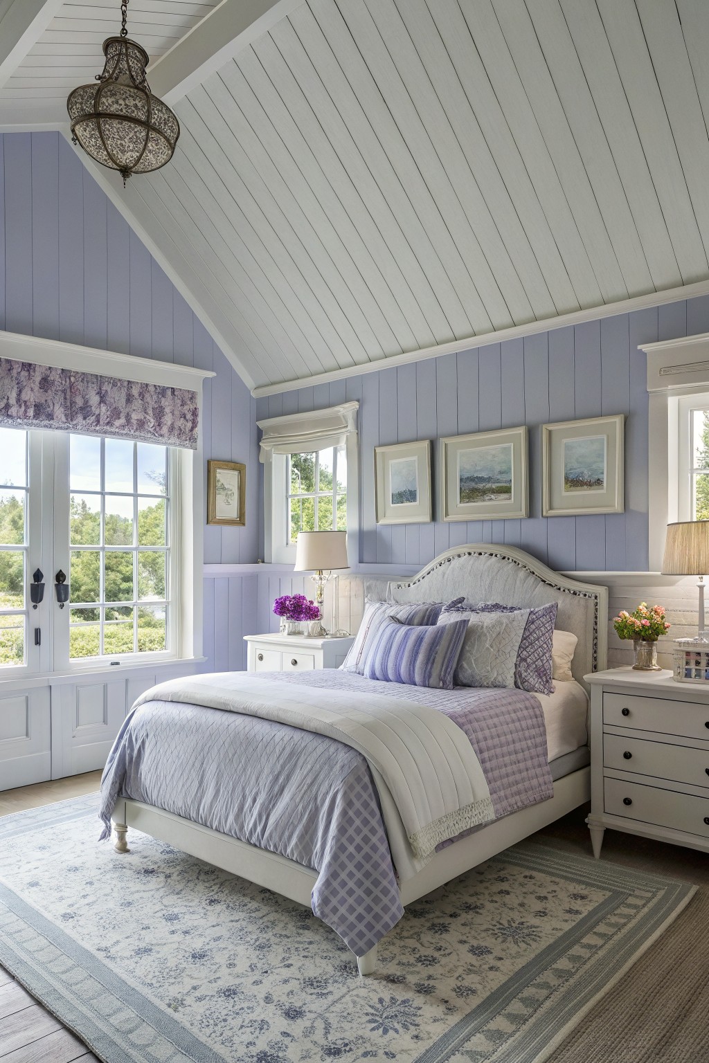 Bedroom with soft blue gray walls and white trim.