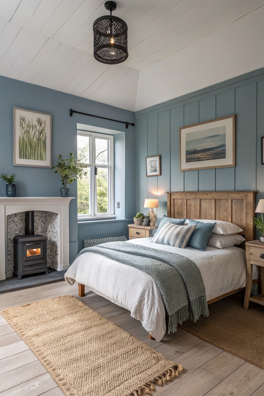 Cozy blue bedroom with wooden bed, white linens, stove fireplace, and woven rug.