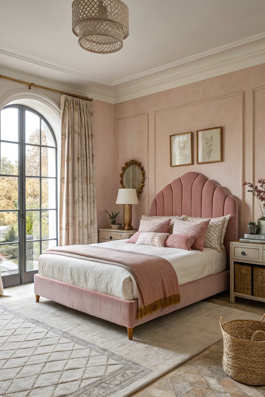 A bedroom with soft blush beige walls and a pink upholstered bed.