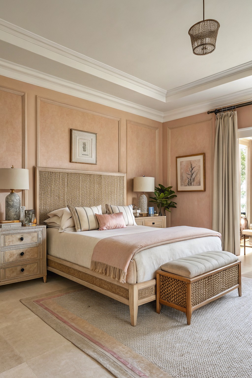 Bedroom walls painted in a soft peach beige with wood accents.