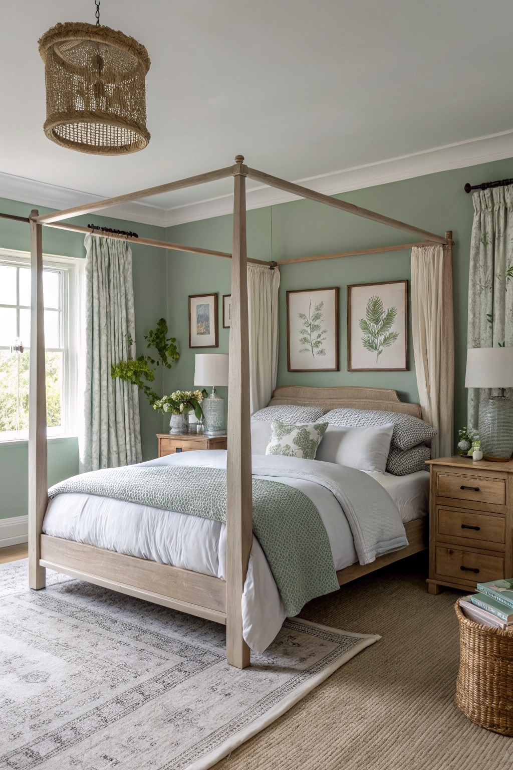 A bedroom featuring soft sage green walls and a light wood canopy bed.