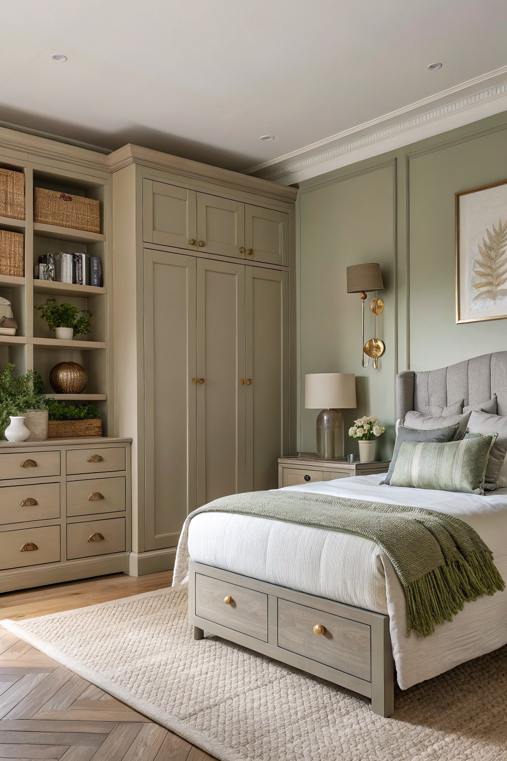 Elegant bedroom with sage green built-in wardrobes, tufted bed, and woven rug.