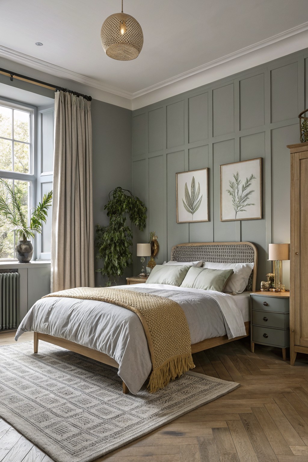 Muted sage green paneled walls in a bedroom with wood floors.