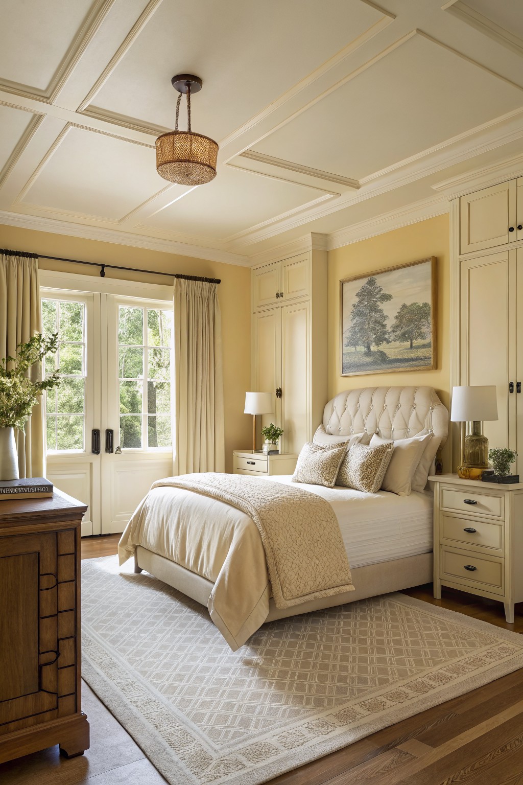 Bedroom walls painted in a soft warm yellow with cream trim and cabinetry.