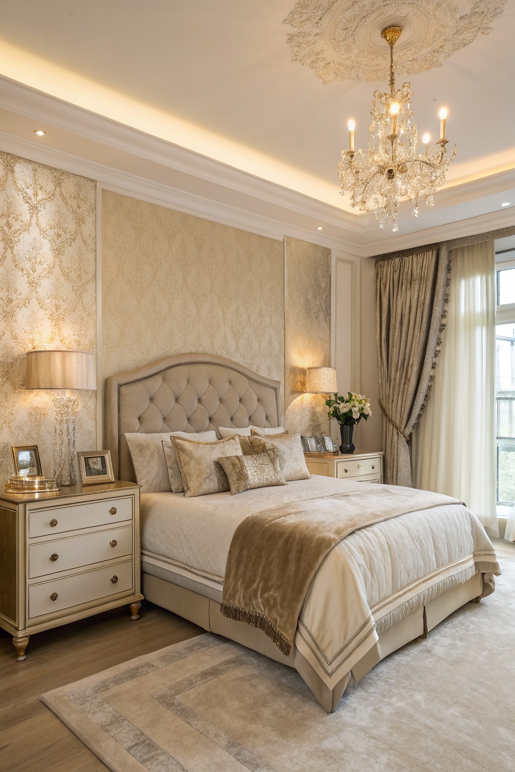 A bedroom featuring soft warm beige walls with subtle pattern.
