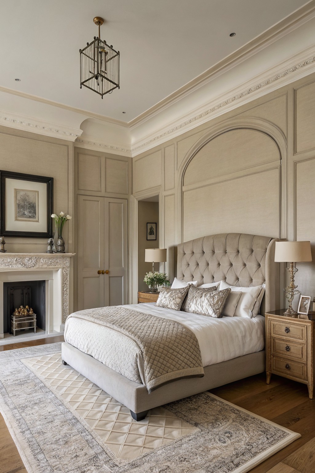 A bedroom with warm greige walls and classic trim details.