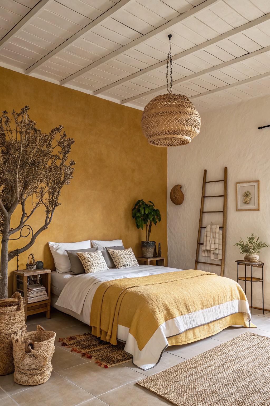 A bedroom featuring warm ochre walls behind a bed with white and mustard bedding.