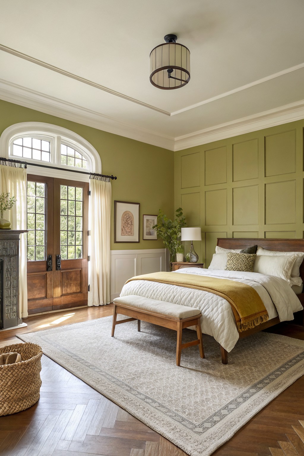 A bedroom with soft sage green walls and white trim.