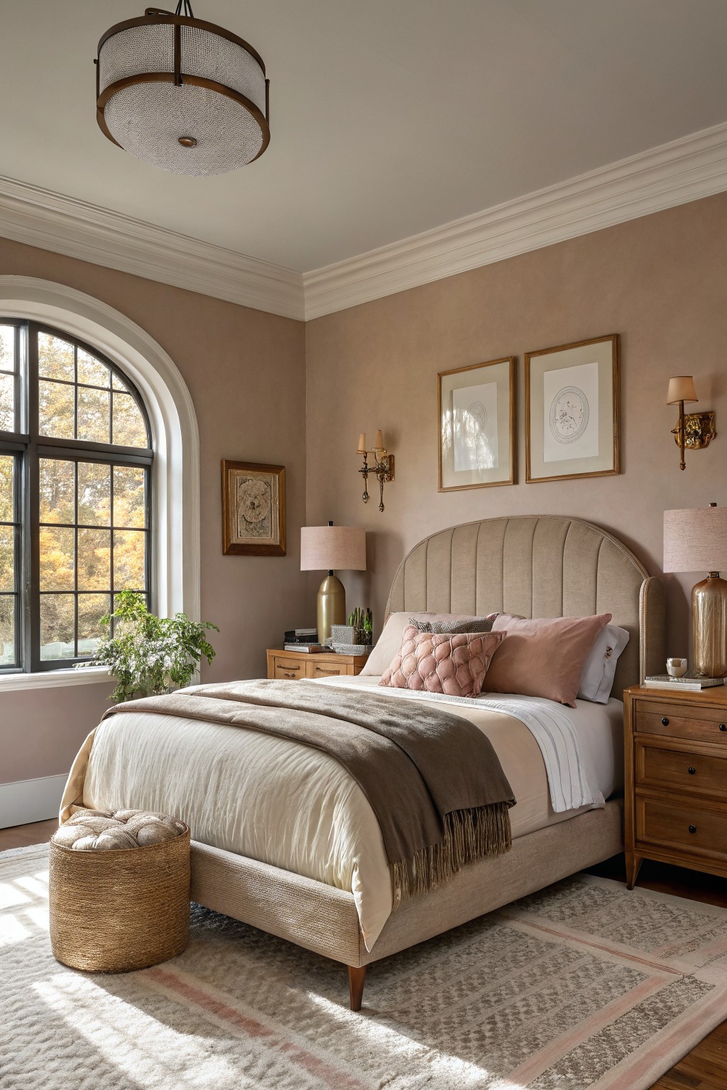 A bedroom with warm taupe walls and an upholstered bed.