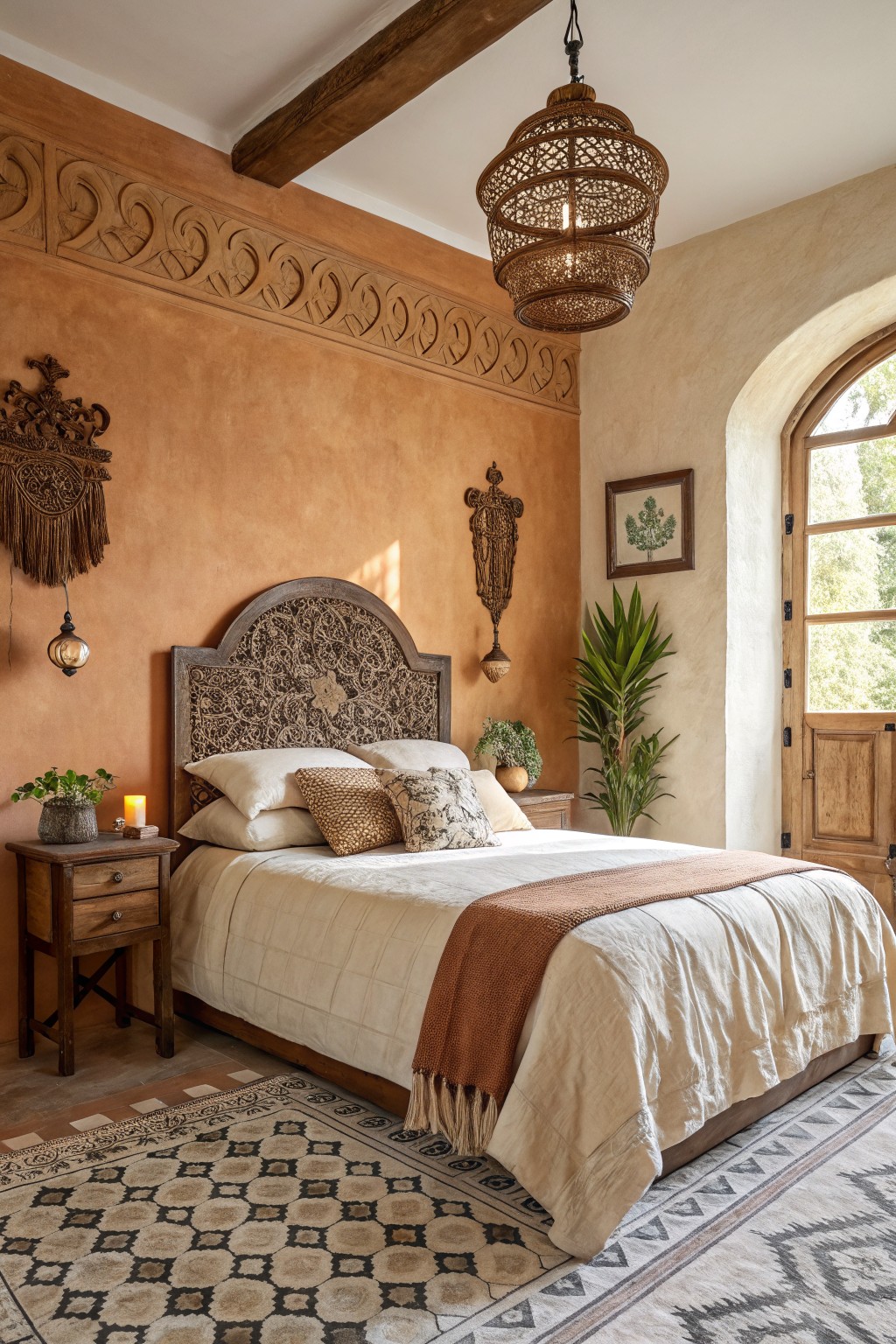 Rustic bedroom with ornate carved headboard, woven lantern, and terracotta walls
