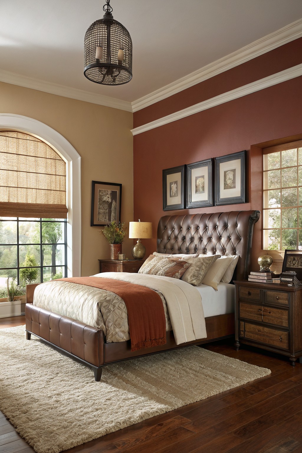 A bedroom featuring a deep terracotta accent wall behind a brown leather bed.