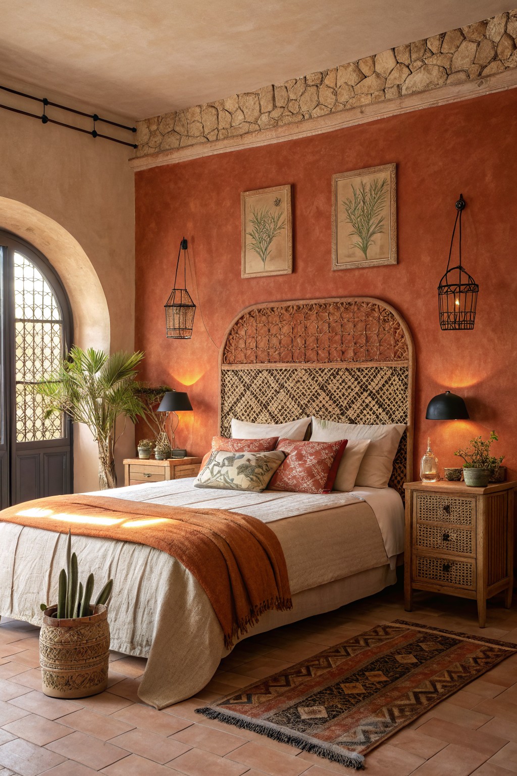 Warm terracotta walls in a bedroom with a woven headboard and wooden furniture.
