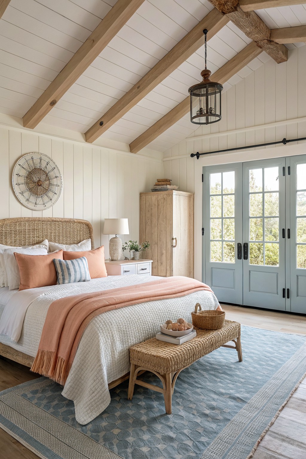 A bedroom featuring soft creamy white walls paired with exposed wood ceiling beams.