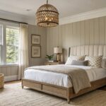 A bedroom with warm greige walls and a wooden bed frame.