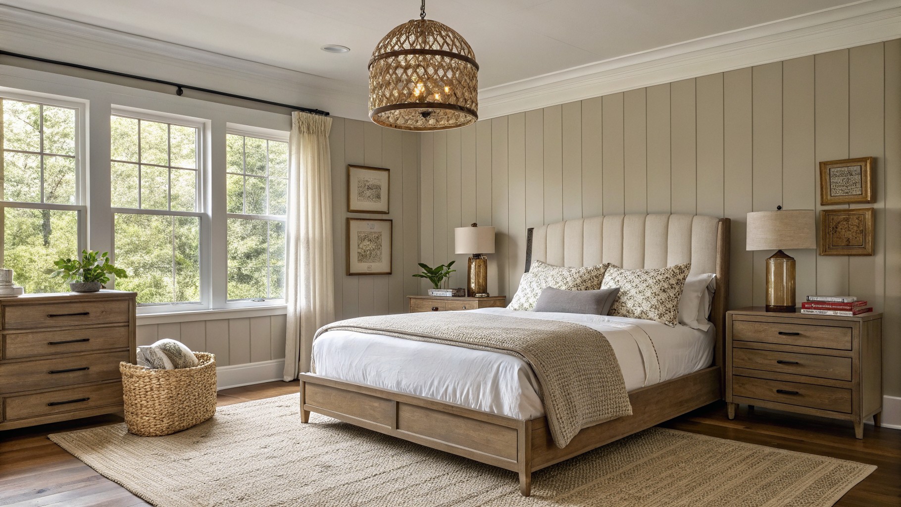 A bedroom with warm greige walls and a wooden bed frame.