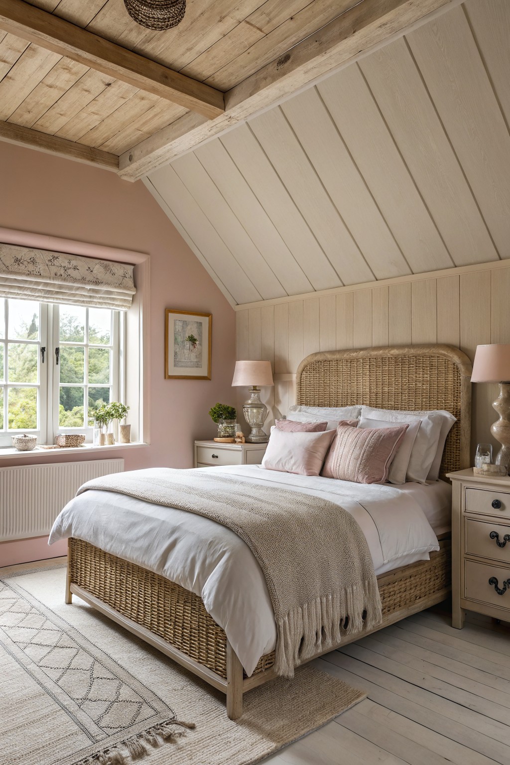 Bedroom walls painted in a soft blush neutral with wood ceiling beams above.