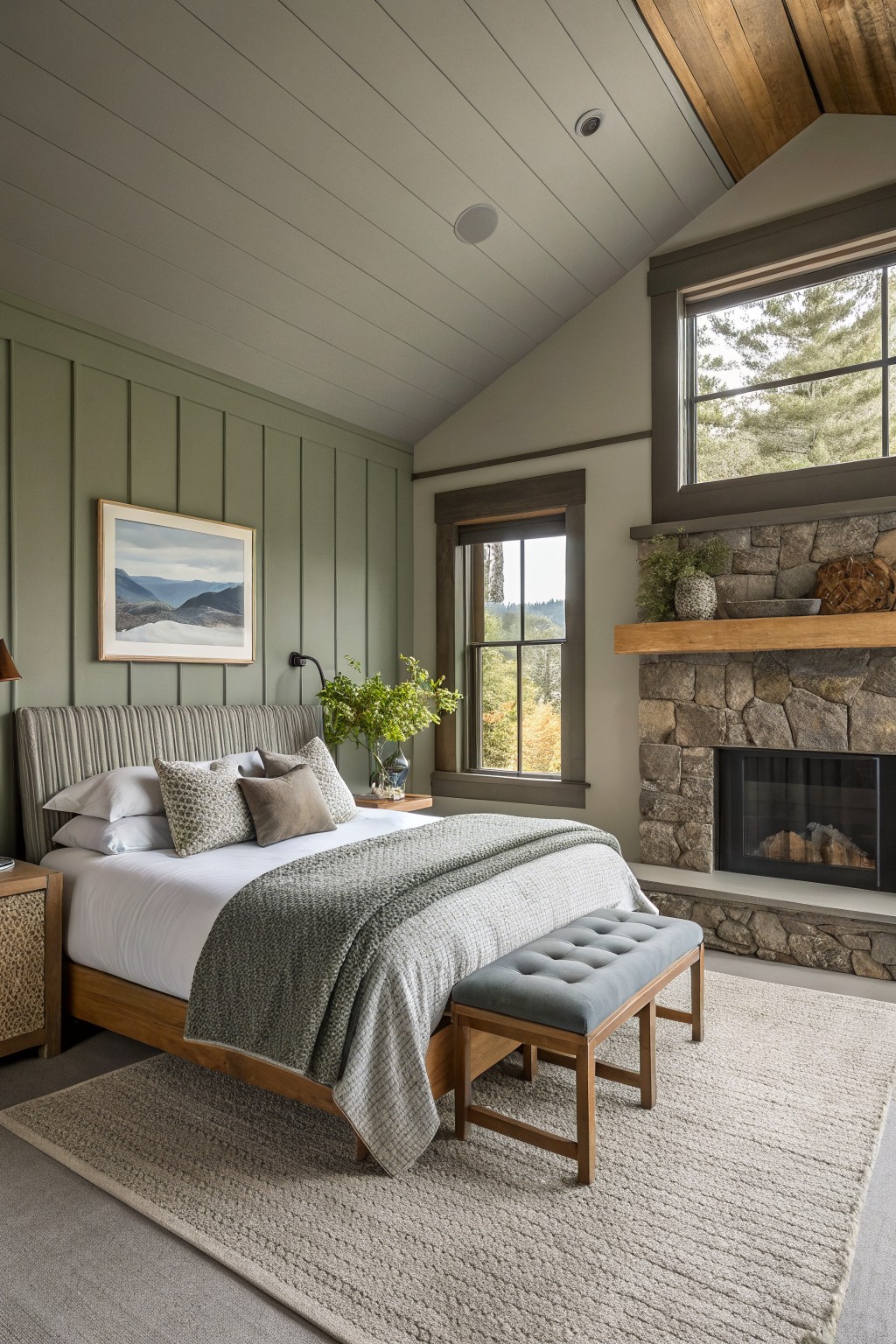 Bedroom walls painted in a soft sage green next to wood trim and a stone fireplace.