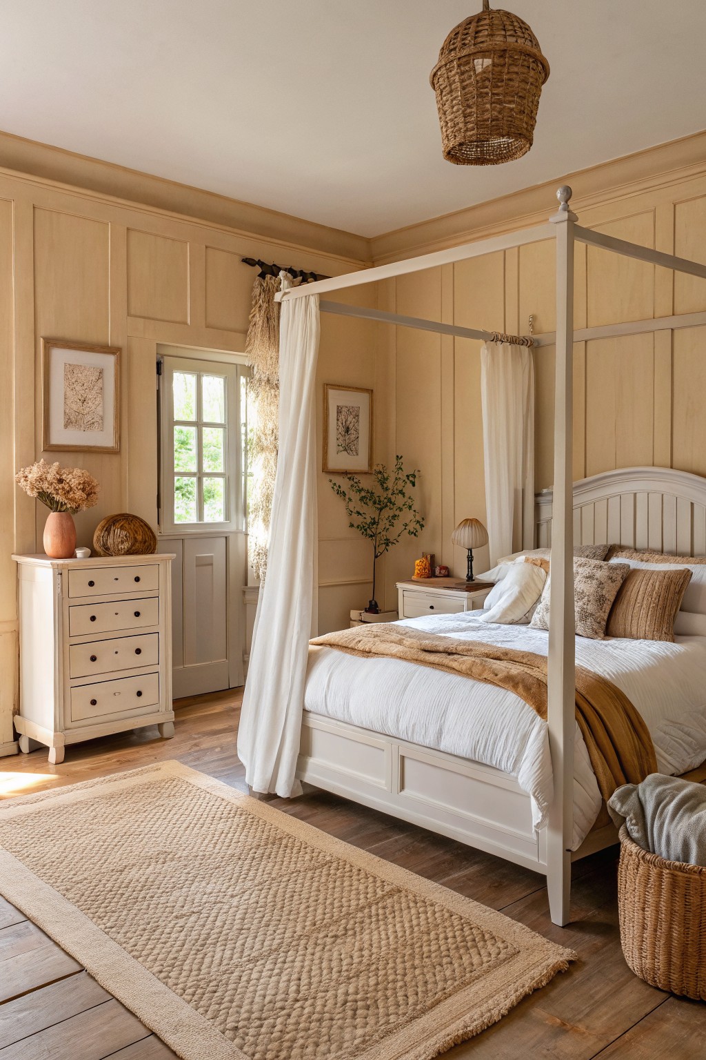 Bedroom walls painted in a soft warm beige with white trim and wood flooring.
