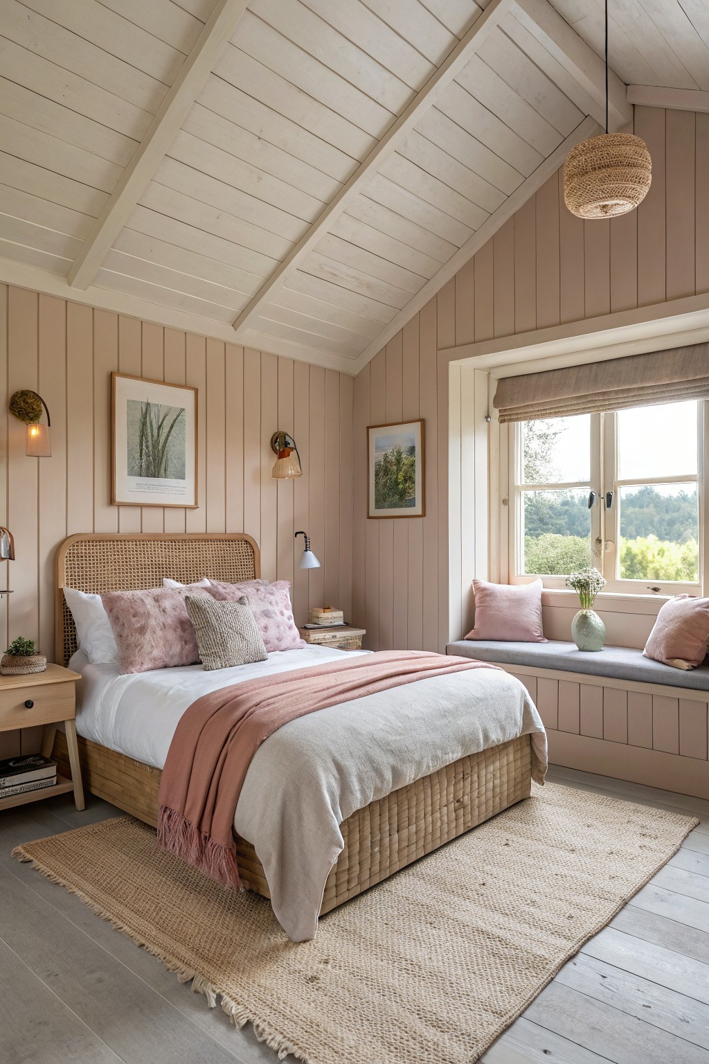 Bedroom walls painted in a soft warm blush beige.