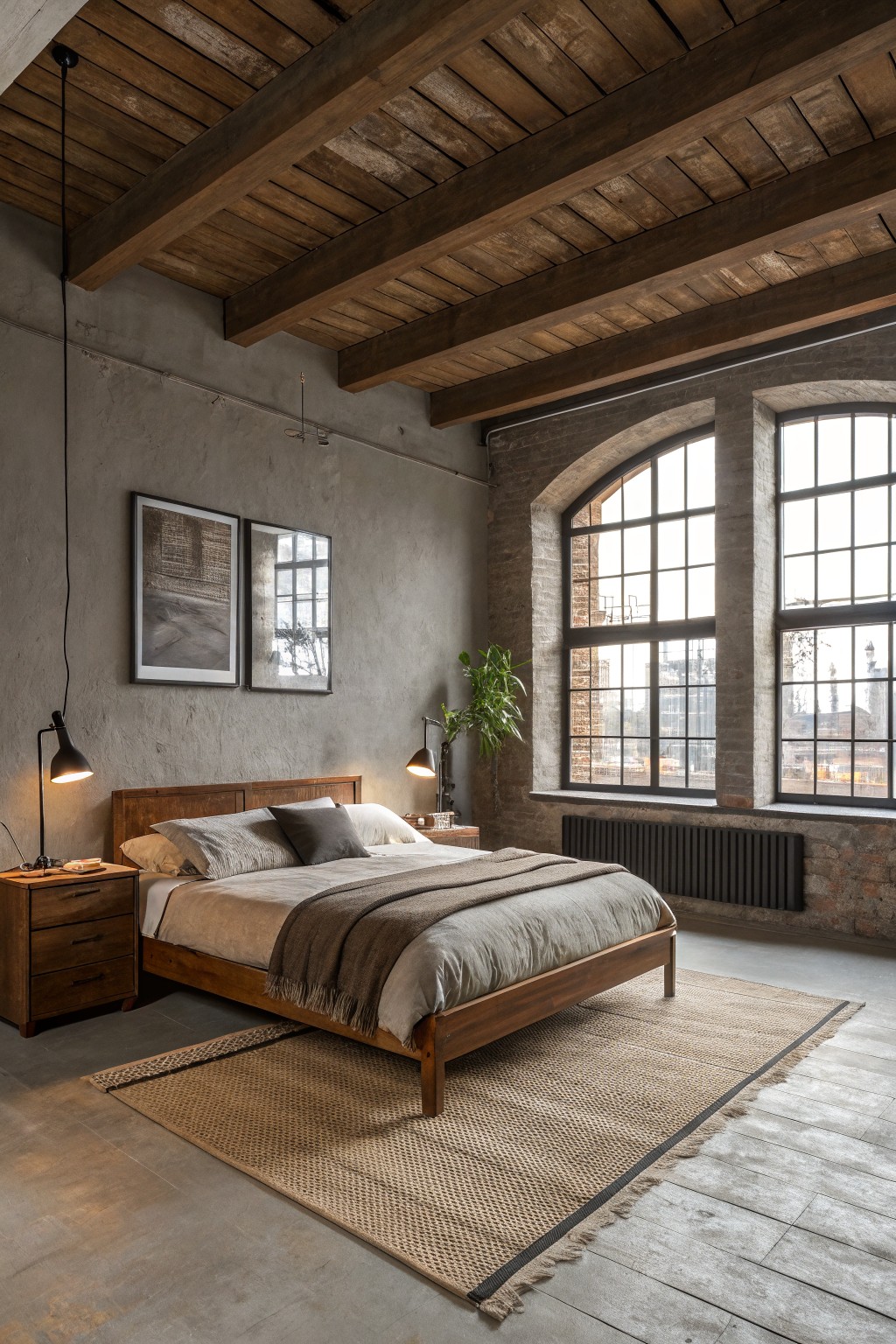 A bedroom with soft warm gray walls, wood ceiling beams, and large industrial windows.