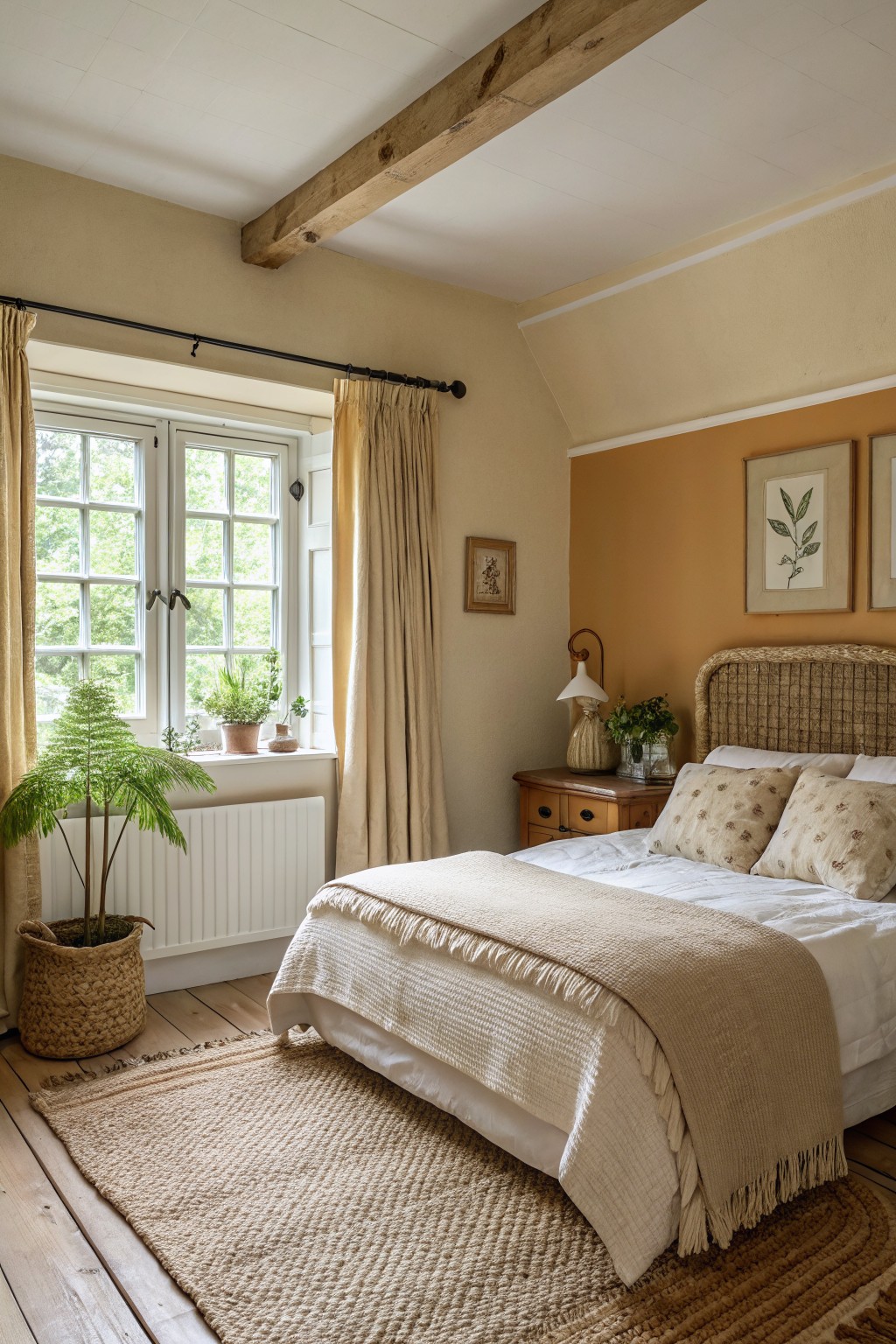 A bedroom featuring soft warm beige walls with white trim and wood flooring.