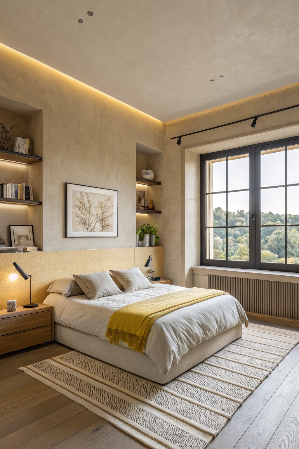 Modern bedroom with beige walls, large bed, yellow throw, and large window