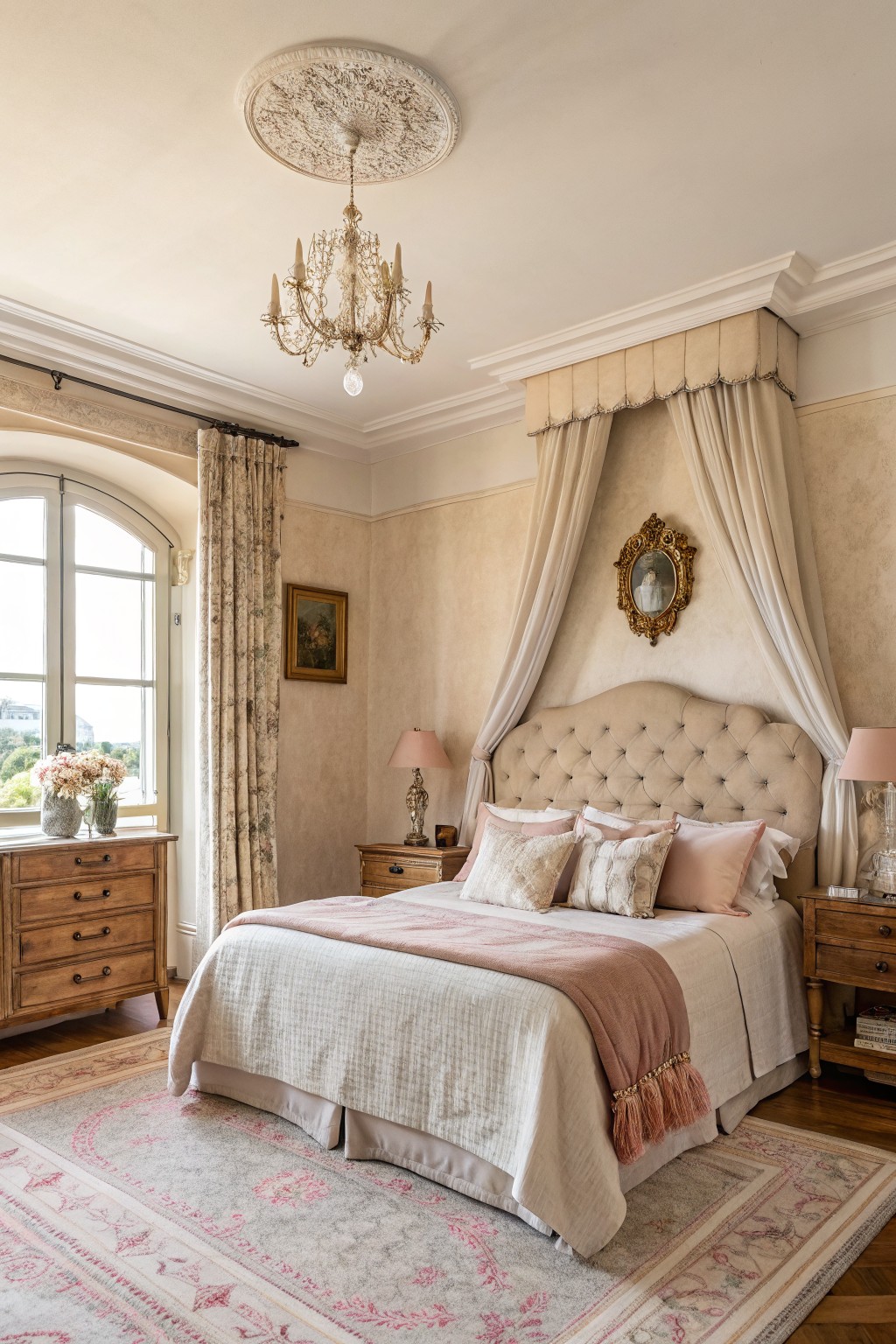 A bedroom with warm beige walls and a large upholstered bed.