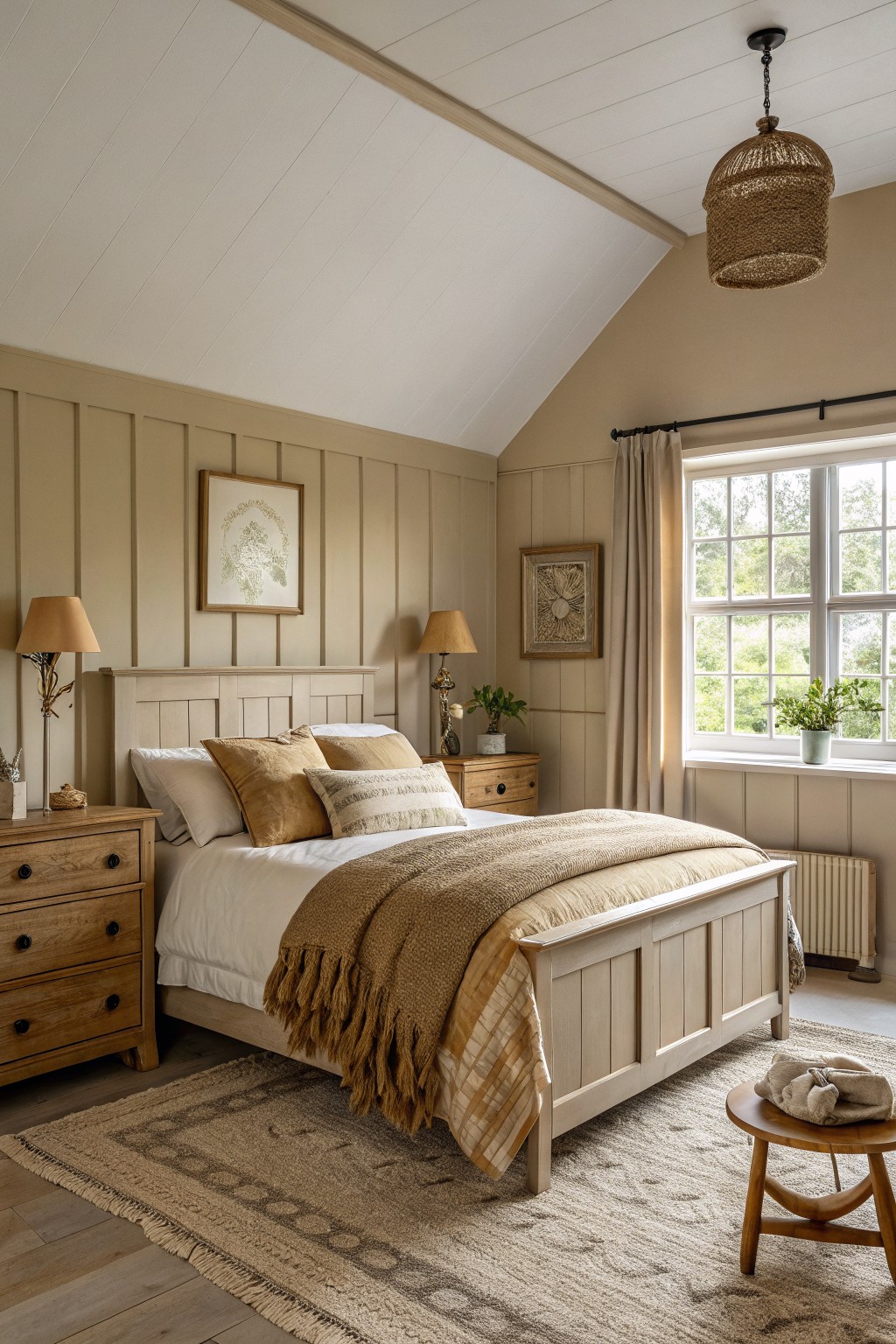 A bedroom with warm beige walls and wood furniture.