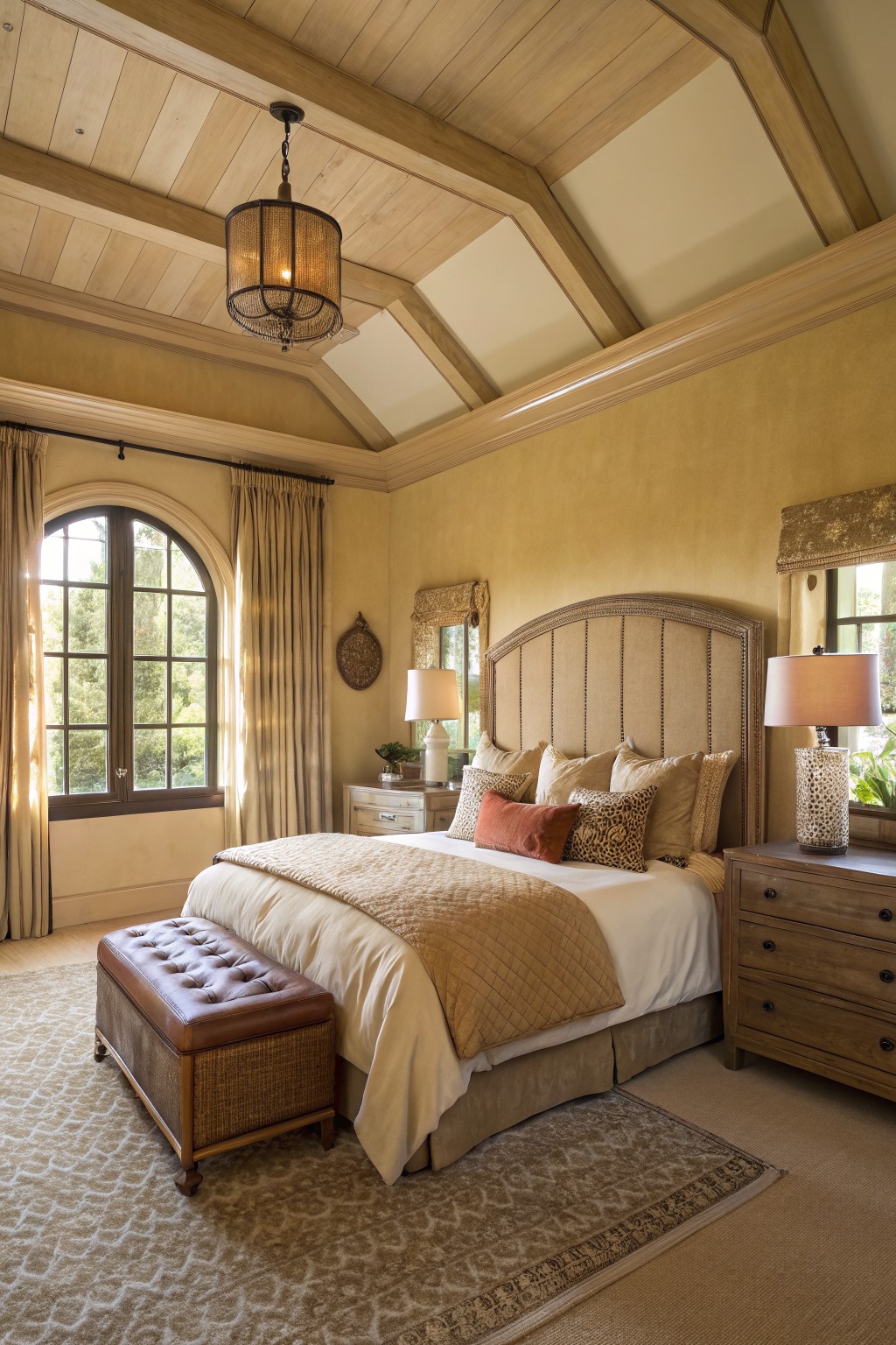 A bedroom with warm beige walls and a vaulted wood ceiling.
