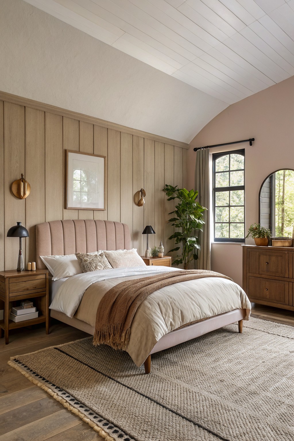 Bedroom with soft warm beige walls and vertical wood paneling.