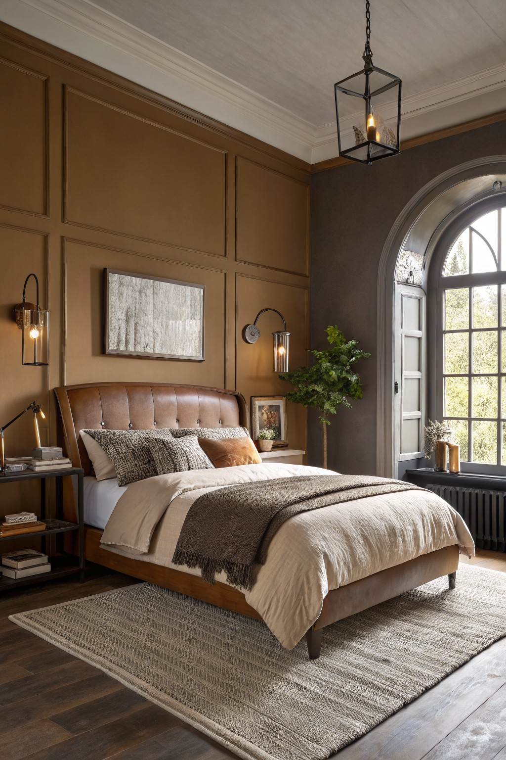 A bedroom with warm brown walls and wood trim.