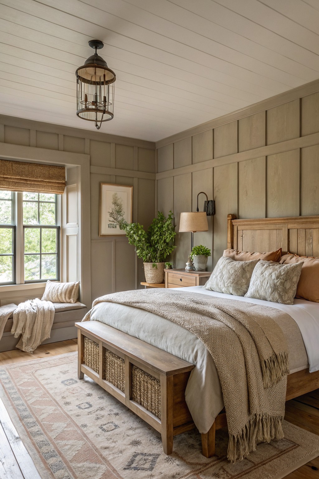 Warm greige walls in a bedroom with wood trim and a wooden bed frame.