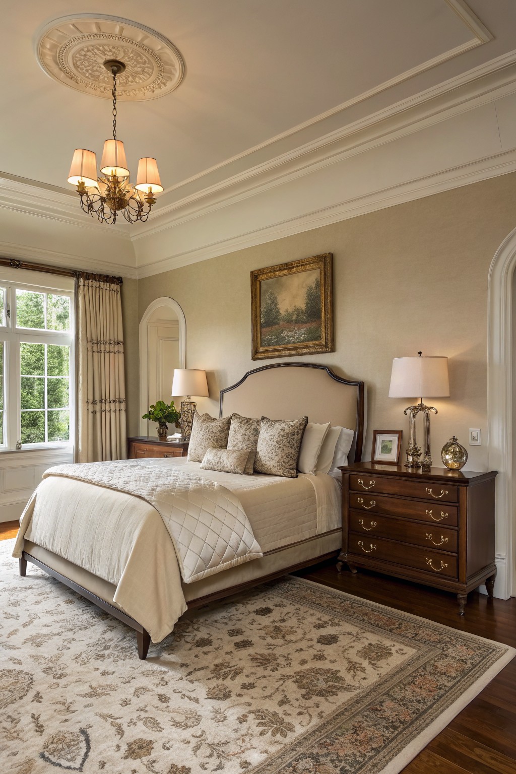 Elegant bedroom with upholstered bed, wooden dresser, chandelier, painting, and floral rug