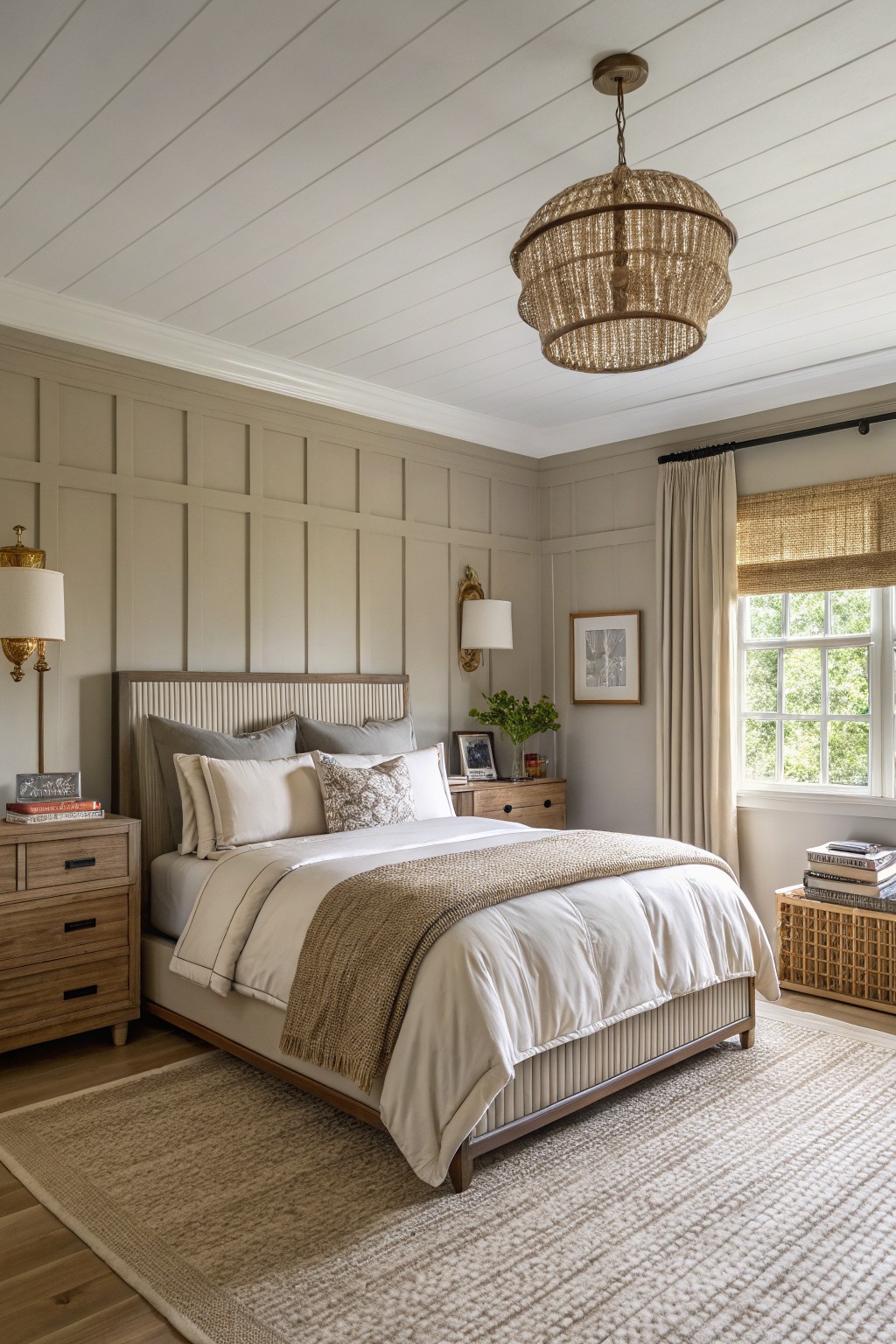 A bedroom with warm greige walls and a wooden bed frame.