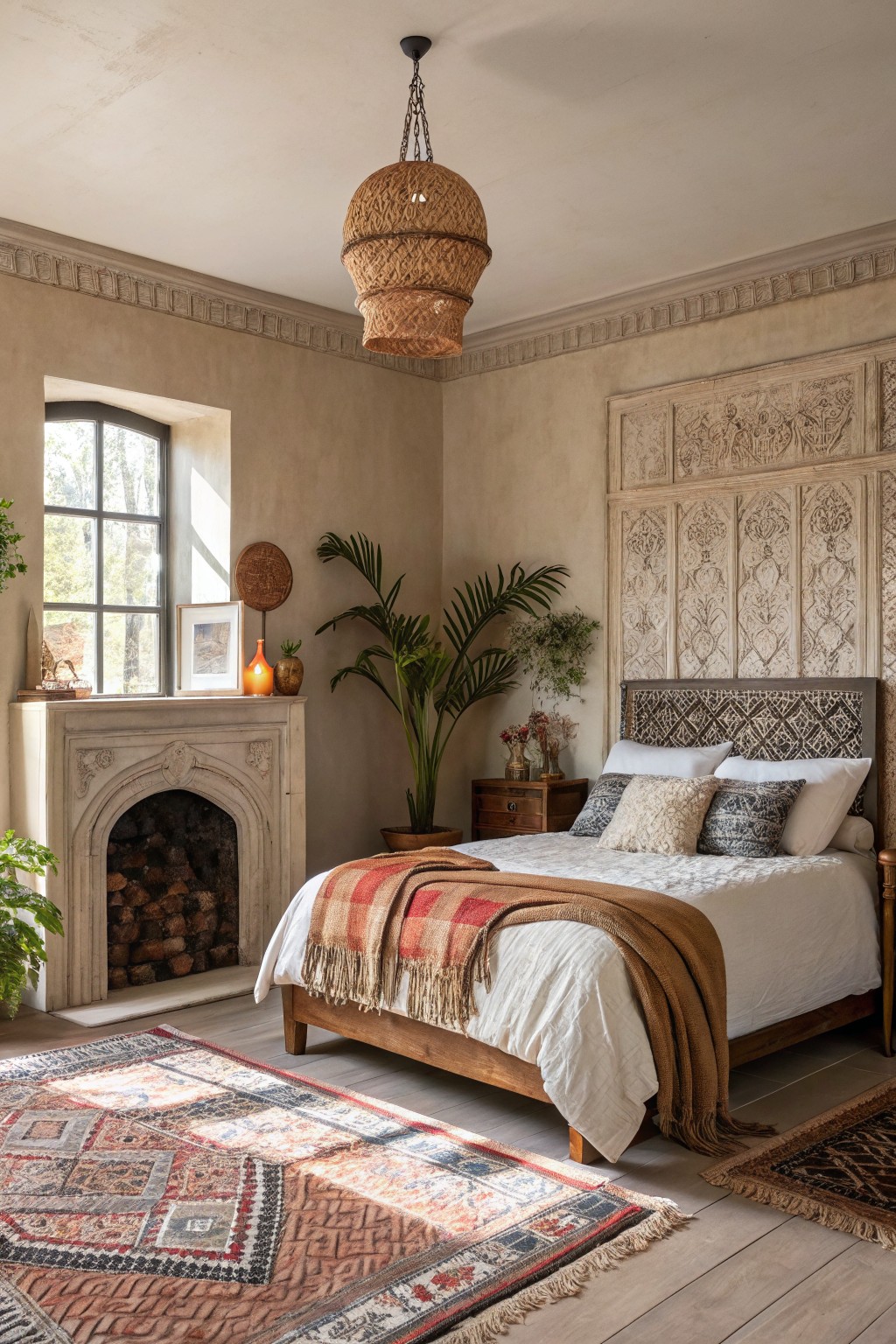 Warm greige walls in a bedroom with wood furniture and a fireplace.