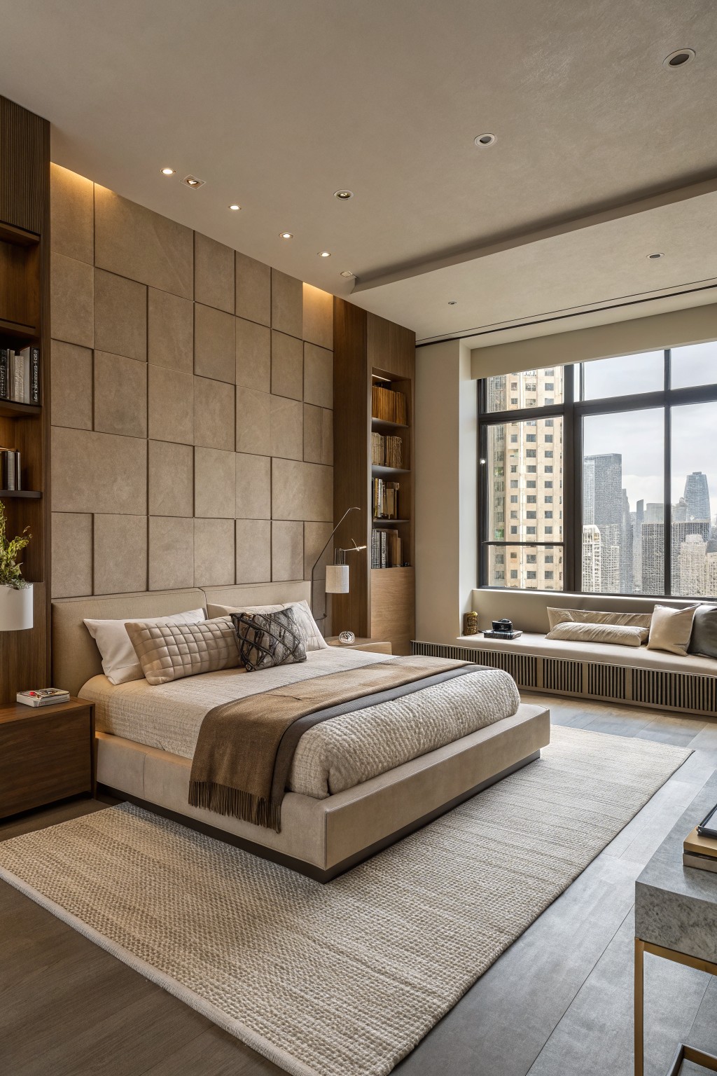 A bedroom featuring warm greige paneled walls behind a low platform bed.