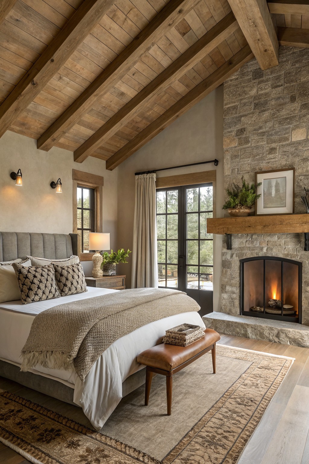 A bedroom with warm greige walls next to wood beams and a stone fireplace.