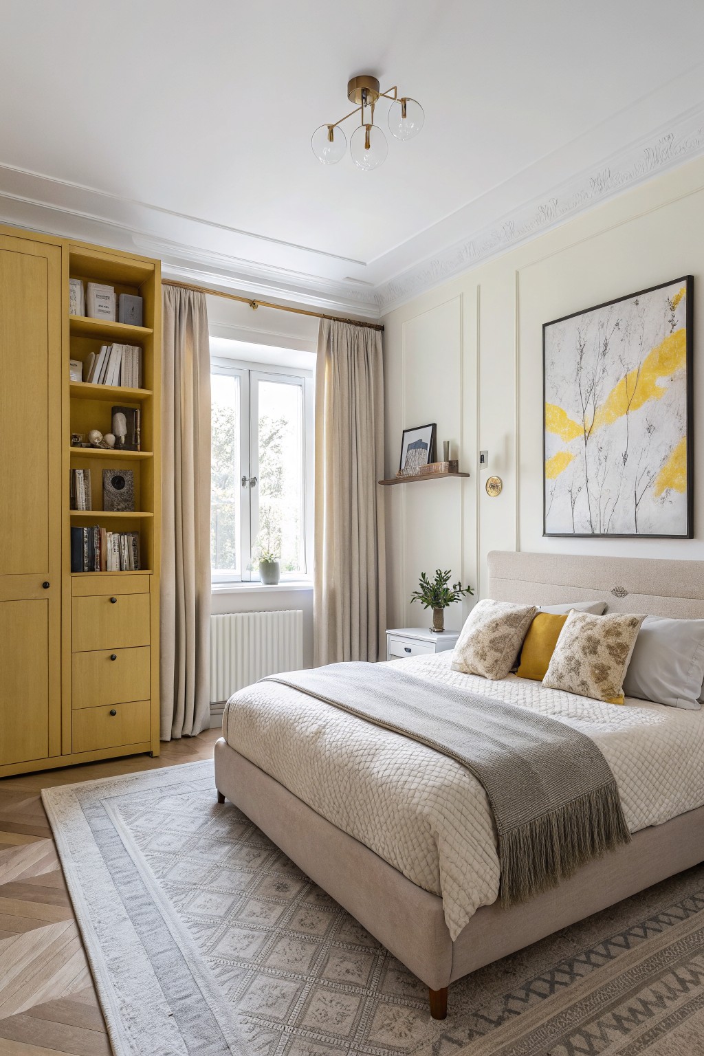 Warm off-white walls in a bedroom with wood flooring and a bed.