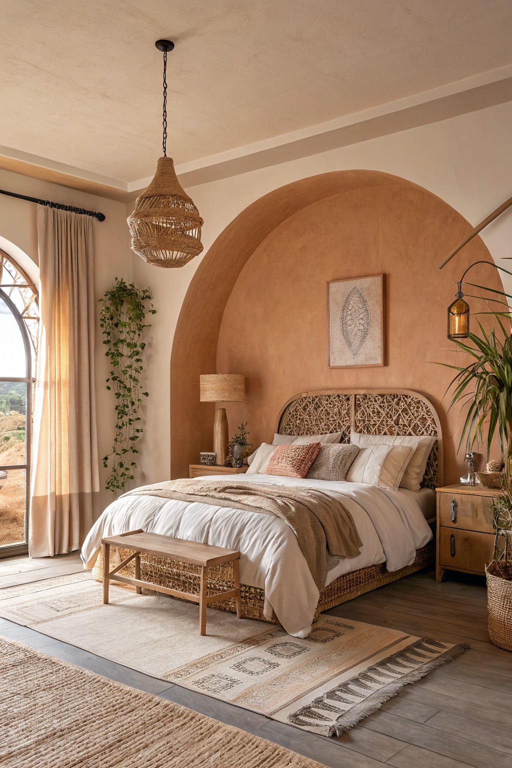 A bedroom with warm terracotta walls and an arched alcove behind the bed.