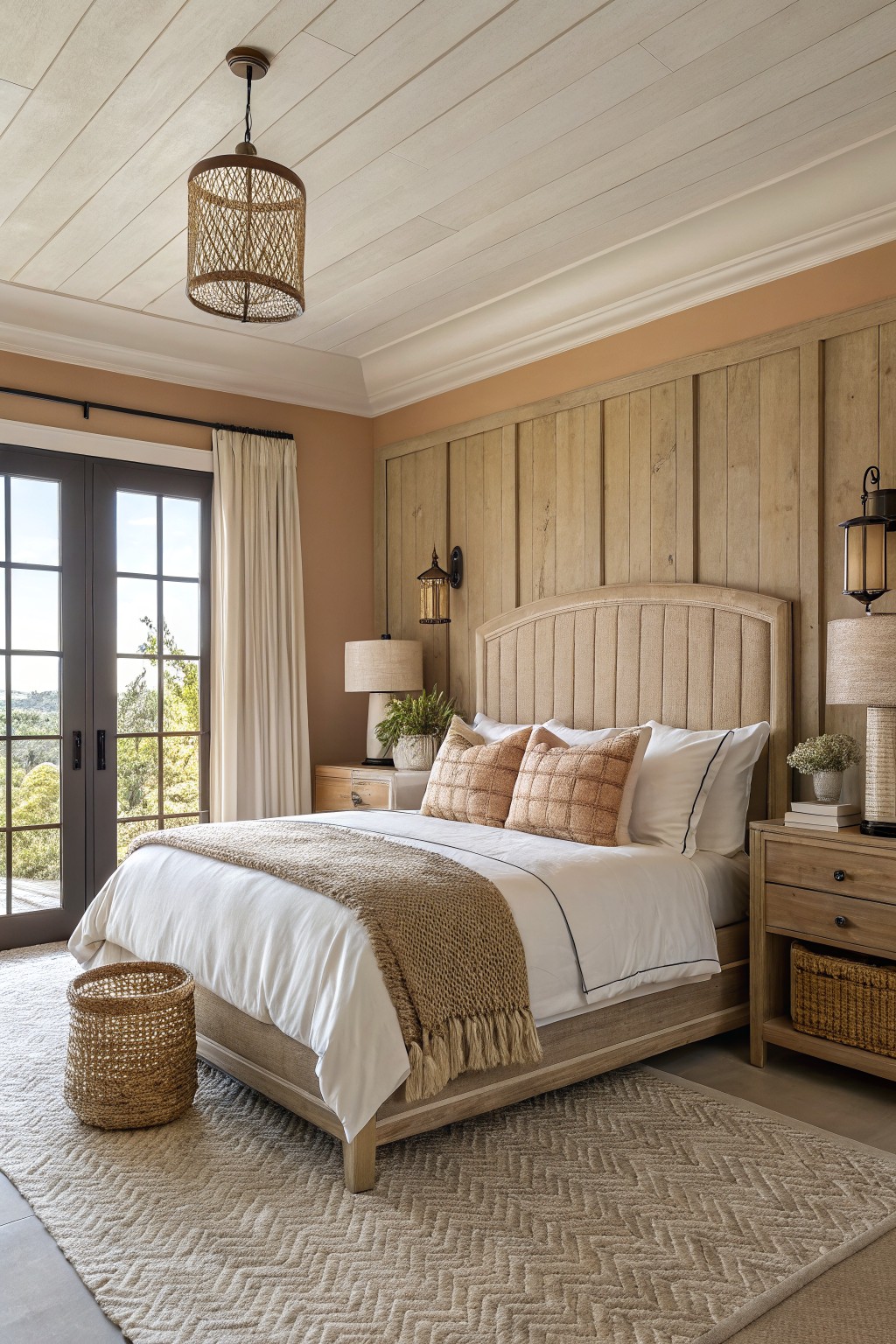 A bedroom with warm terracotta beige walls and wood accents.