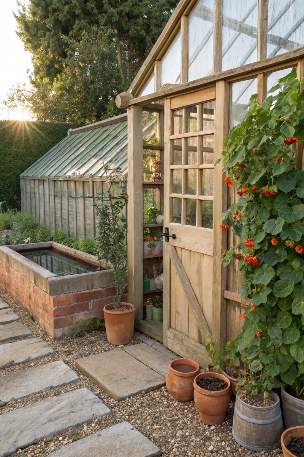 A wooden greenhouse with an open door stands beside a brick raised bed, with climbing vines bearing red flowers growing along the right side and several terracotta pots on a gravel path.