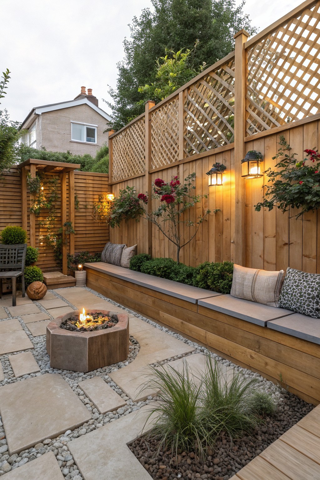 Cozy patio with fire pit, wooden bench, lattice fence, and glowing lanterns.